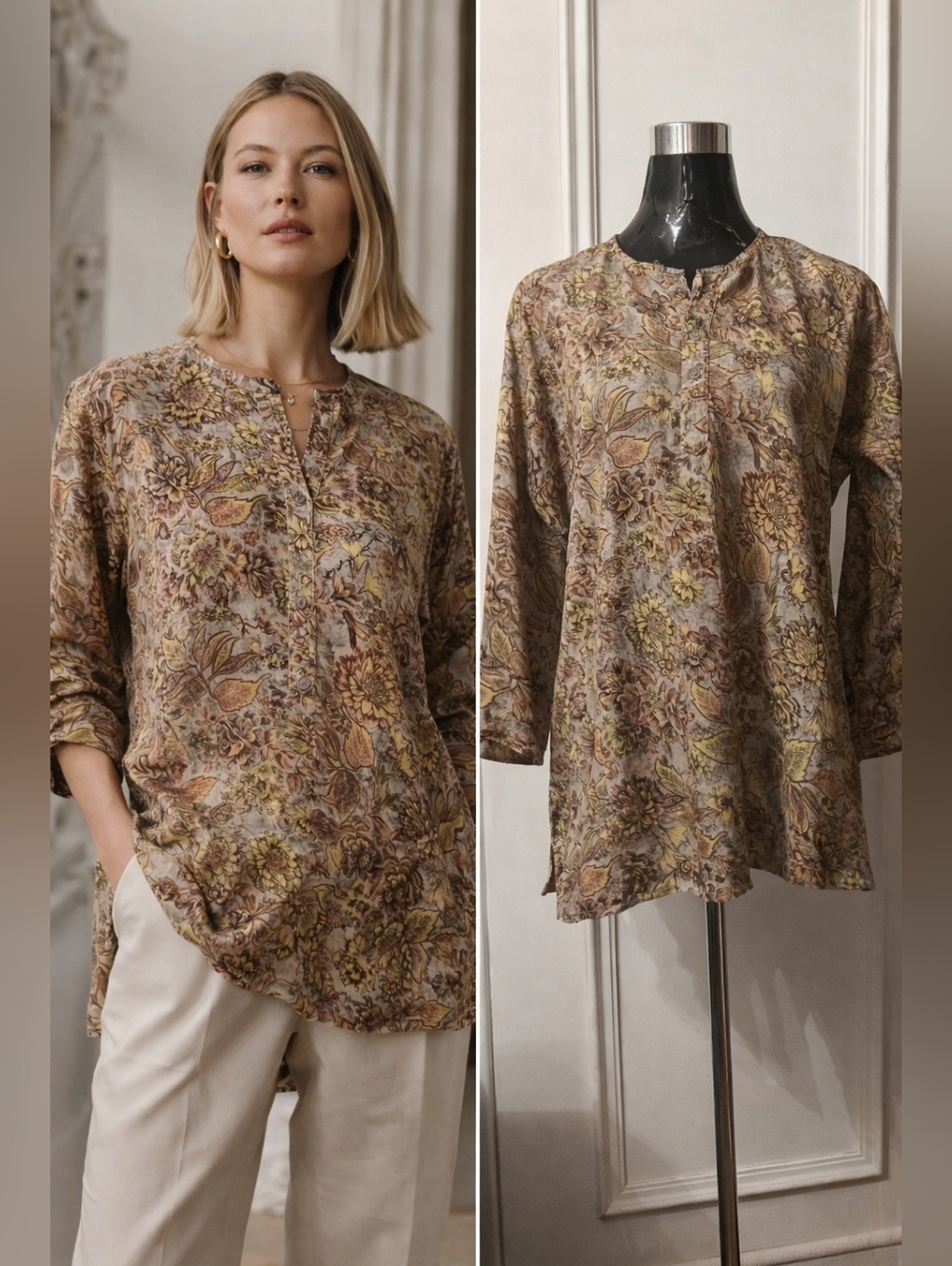100% Silk Floral Tunic Blouse India Boho Vintage Style Long Top Unisex